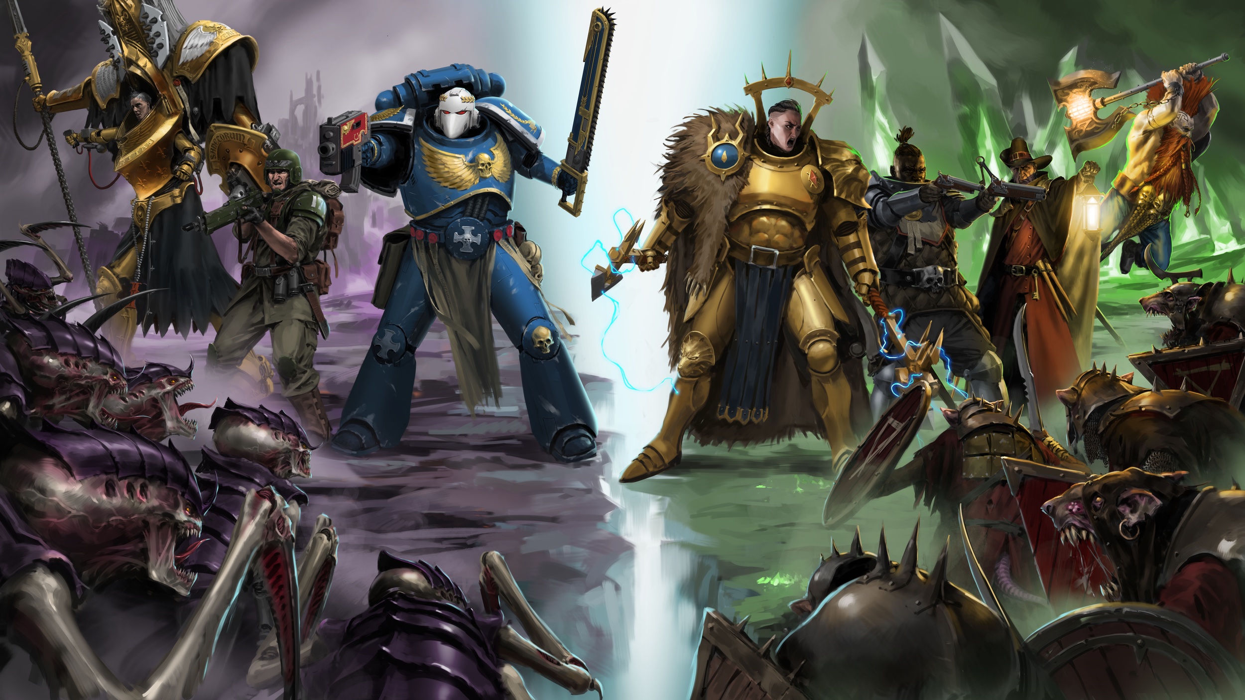 Official Warhammer Survivors artwork showing champions of Warhammer 40,000 and Age of Sigmar